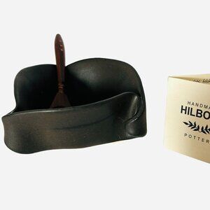 Hilborn Pottery Canada Pinch Mustard Pot Ebony Black 4" Bowl Rosewood Spoon Jam